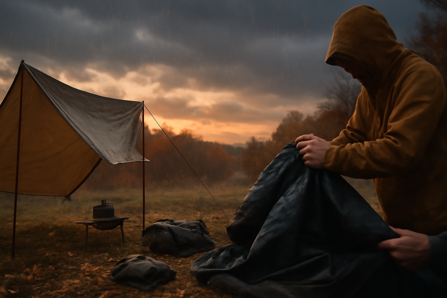 ソロキャンプ: 荒天で無理せず撤収を決めたサイトの準備風景。装備を畳む手元と雨雲の夕暮れを横長で表現。