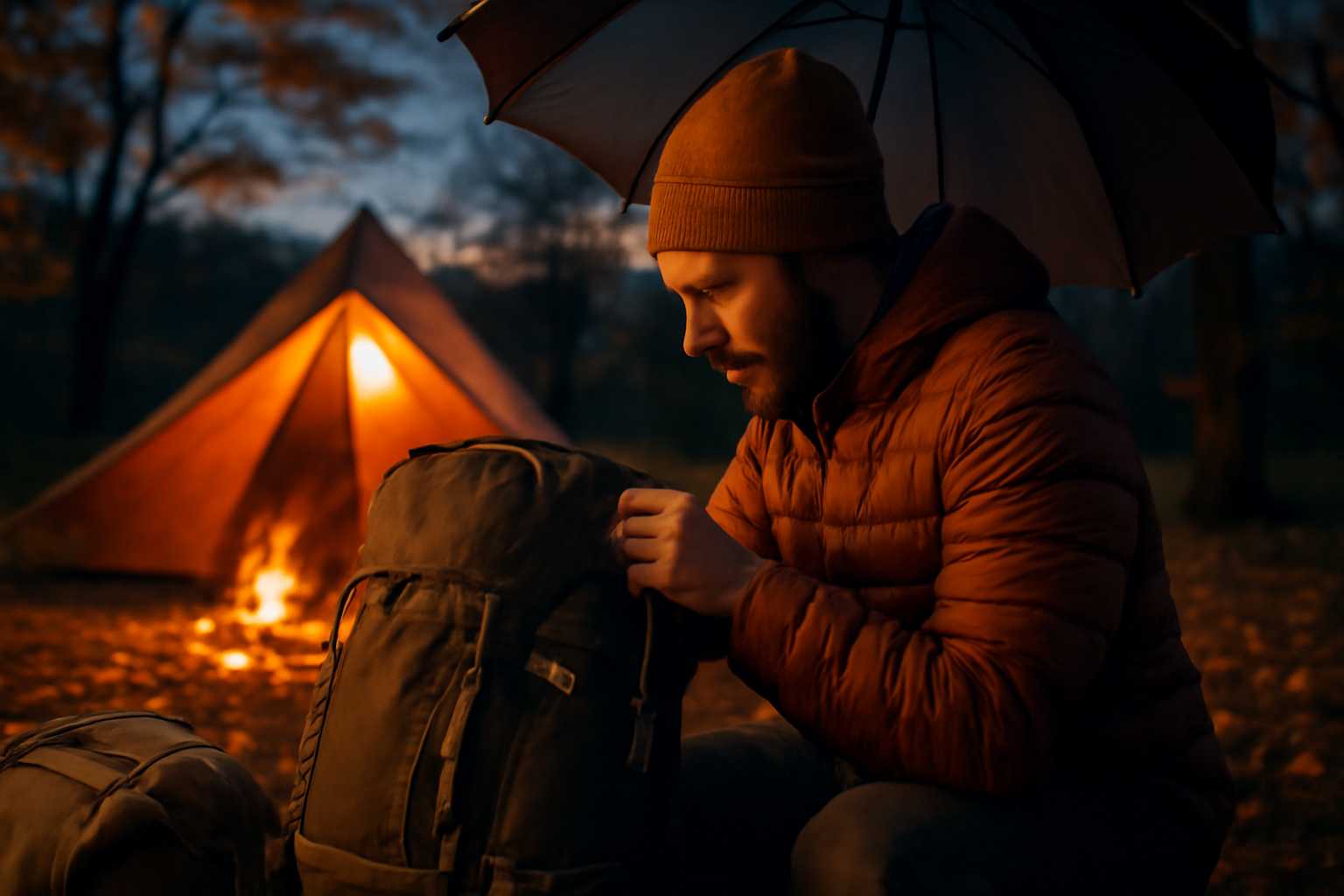 スターキャンプの代替案を示す夕暮れのキャンプ場。傘や荷物を確認するシーンをクローズアップ撮影した写真