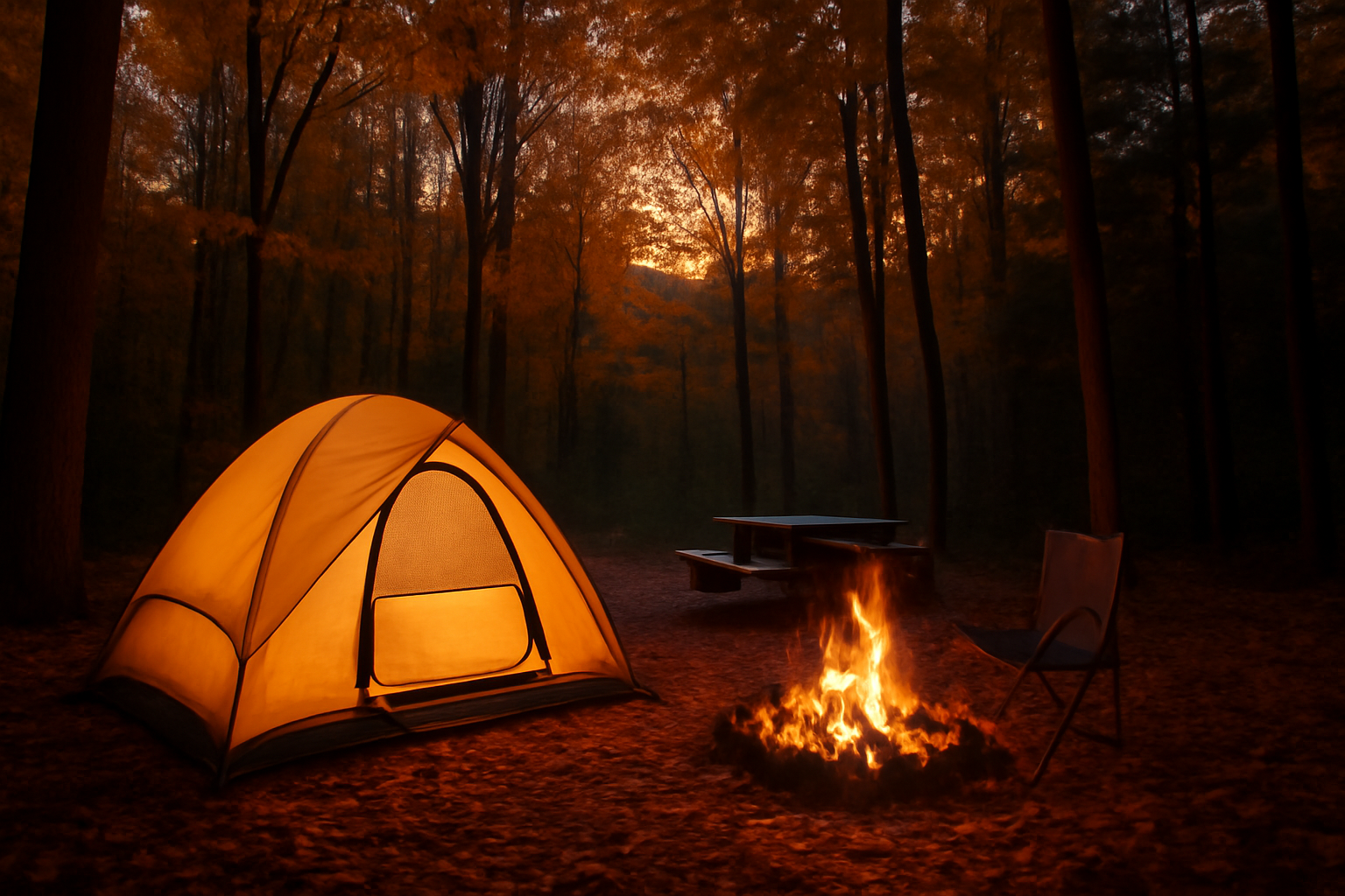 ノースフェイスの在庫変動に備え即カートへ入れる準備を促す夕暮れのキャンプ場イメージ。