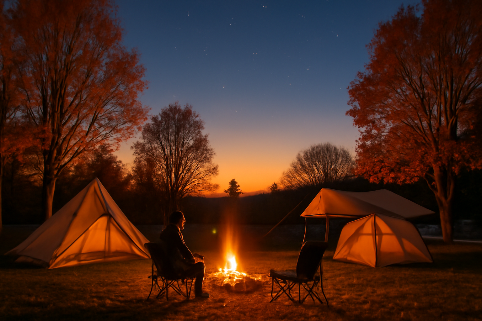 穂別キャンプ場での秋の夕暮れ、焚き火を囲む温かな風景と星が浮かび始める情景を描写した写真