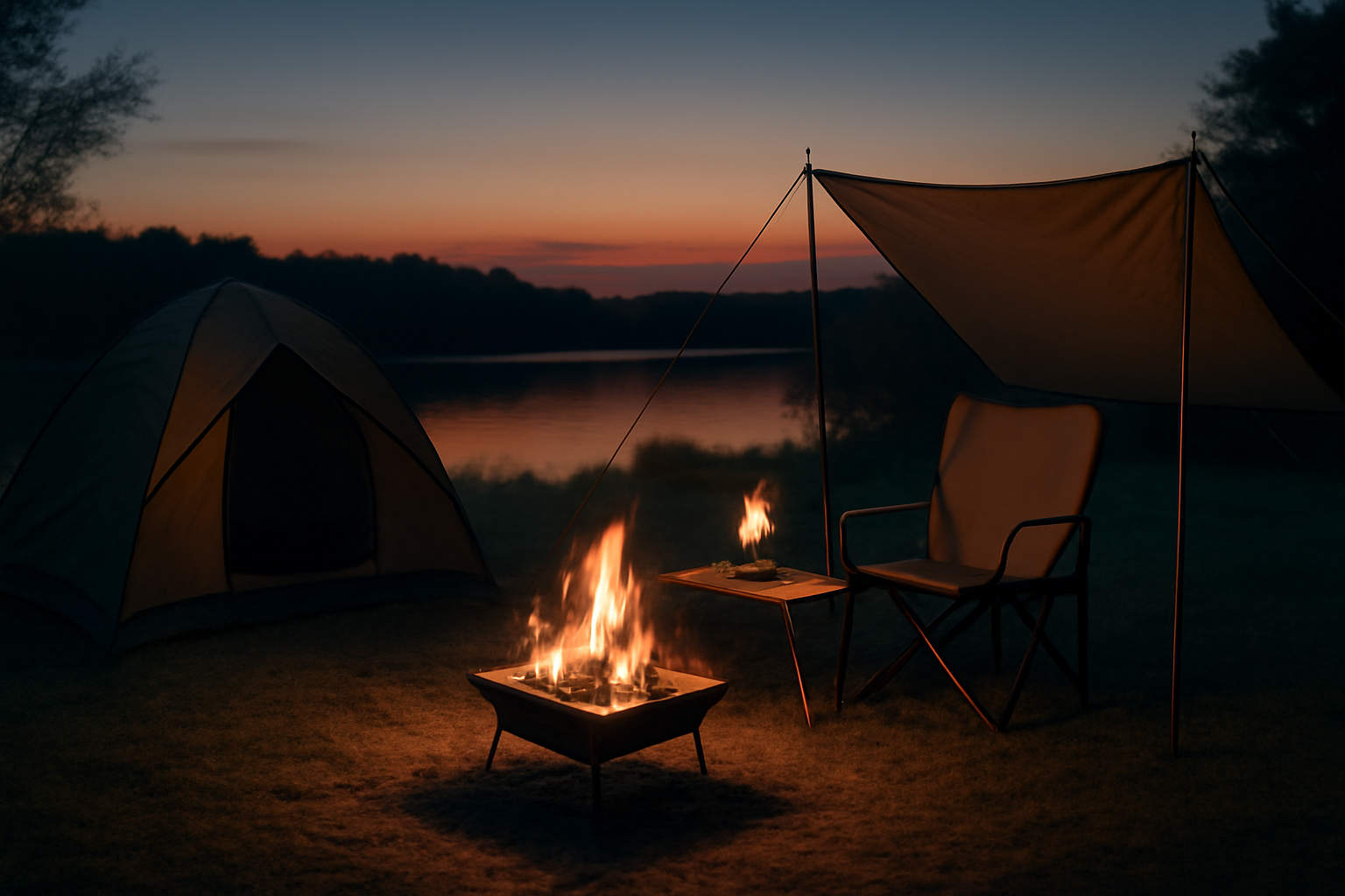 焚火台:夜に向かう静かなキャンプ場で、小さな焚火台を囲む穏やかなワンシーン。安全に配慮した配置の様子を示す。