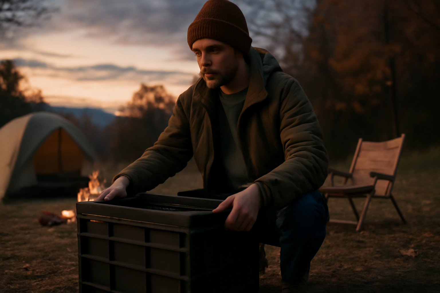 折りたたみコンテナLを夕暮れのキャンプ場で片付けるシーン。次の行動へ進む親しみやすい雰囲気を表現