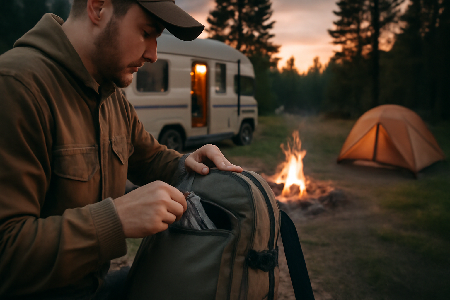マルチツールをリュックにしまう様子を夕暮れのキャンプ場で描いた画像。次のキャンプへの準備を促すリアルな情景。