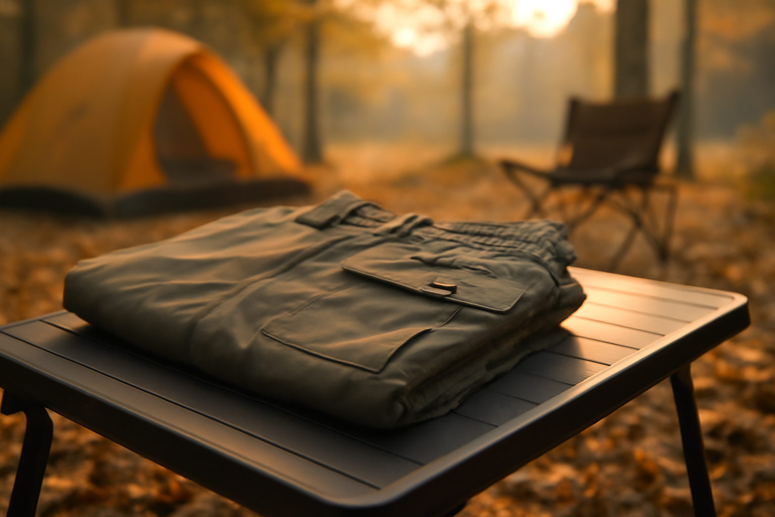 撥水速乾収納力のショーツがキャンプ用テーブルに折りたたまれて置かれた朝のアウトドア風景の写真