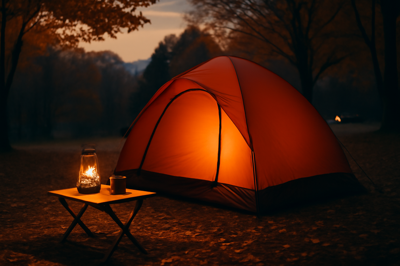 真っ赤なコンテナが夜明け前の静かなオートキャンプ場で灯りに照らされる風景、次の行動を促す雰囲気