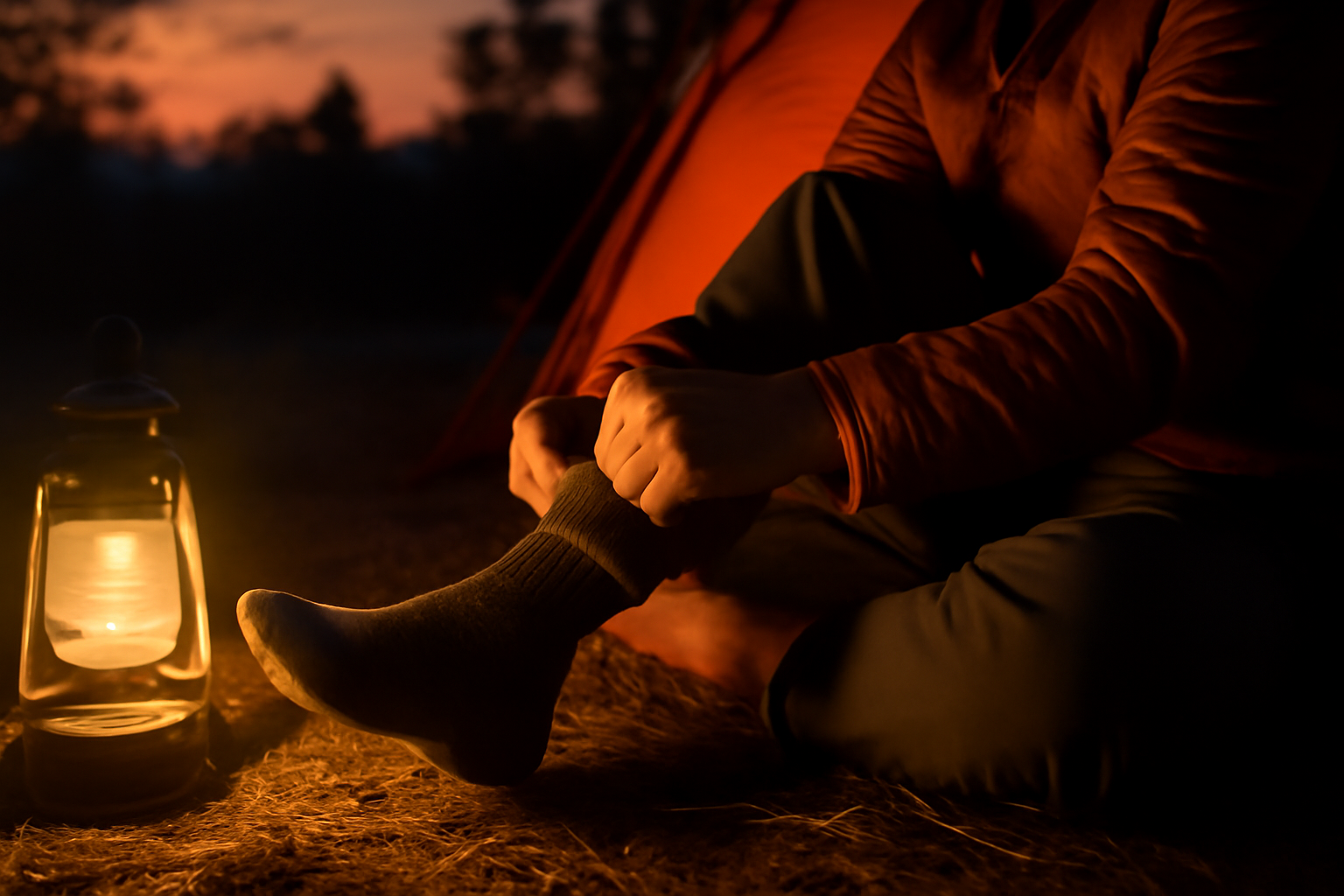 モンベルソックスを試着する様子の夕暮れのキャンプ写真。購入前に試す行動をイメージしたクローズアップ写真で暖かい光。
