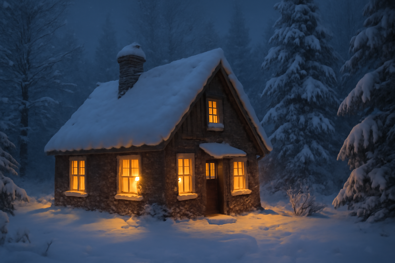 UBASE 冬の荒天時にコテージへ切り替える安心の提案、暖かい灯りと雪景色を映した風景