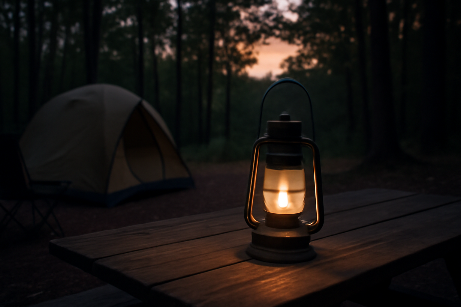 胸ポケ灯 夕暮れのキャンプ場でテーブルに置かれた小さなランタンが柔らかく周囲を照らす光景