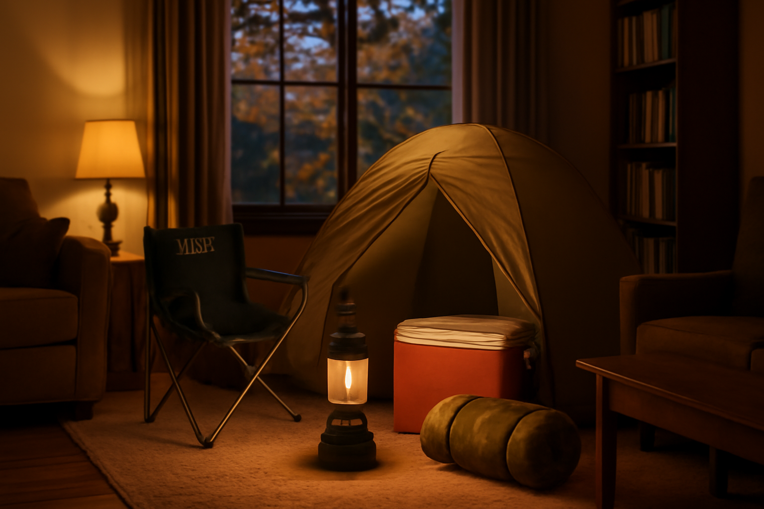 コールマン名作ギアを家のリビングに置いた秋の夜の写真、暖かい灯りで次の行動を促すイメージ