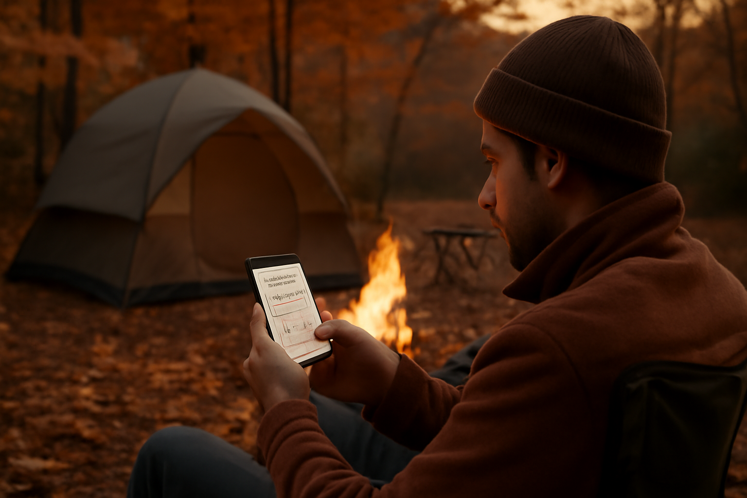キャンプ初心者が次の予約を確認する夕暮れのサイト、秋のキャンプ場で代替日を検討する情景を描写した写真