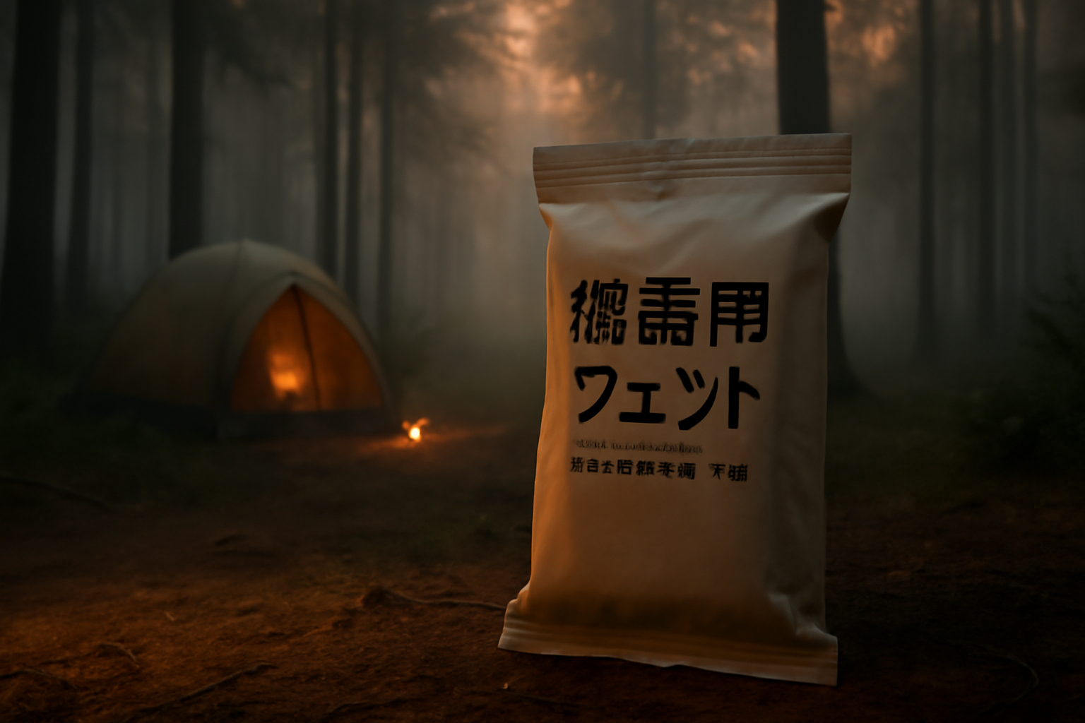 備蓄用ウェット：キャンプのまとめ前に置かれた防災用ウェットのパッケージを夕方の森で撮影した静かな情景、暖色の薄明かり