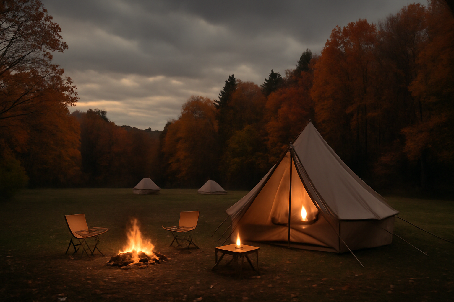 仙台滝つぼ救助を想起させる夕暮れのキャンプ場。次の行動を促す穏やかな風景写真です