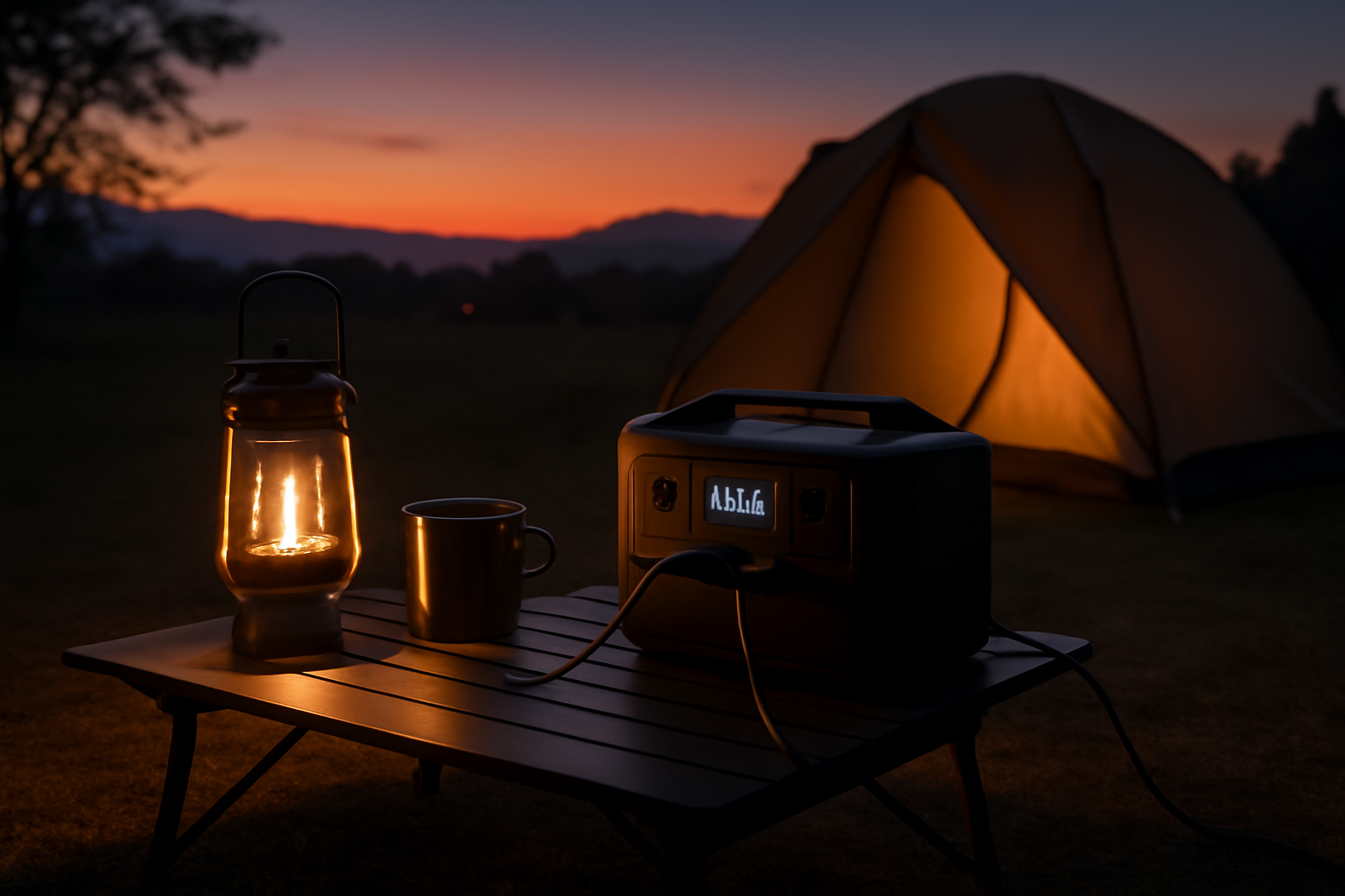 ポータブル電源で夜のキャンプを支えるイメージ。夕暮れのサイトで機器を動かし安心して過ごす雰囲気を写した写真です。