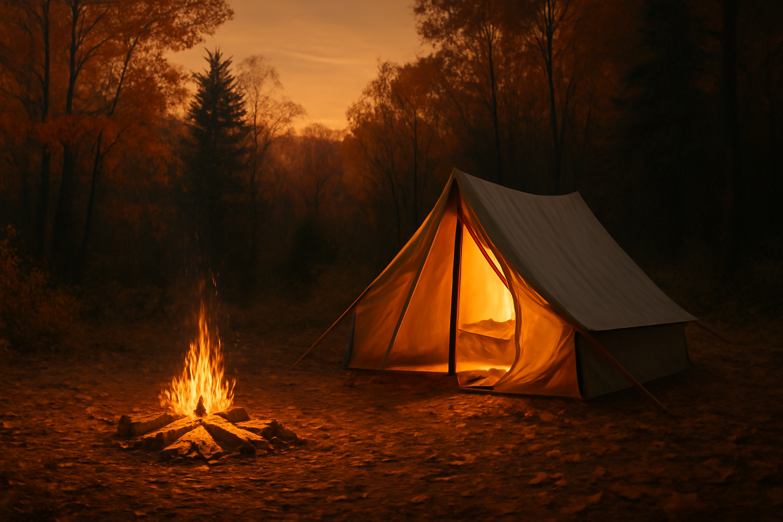 Amazonセールの情報を読んで次のアクションを促すエディターノート風の夕暮れのキャンプ風景、落ち着いた色調で