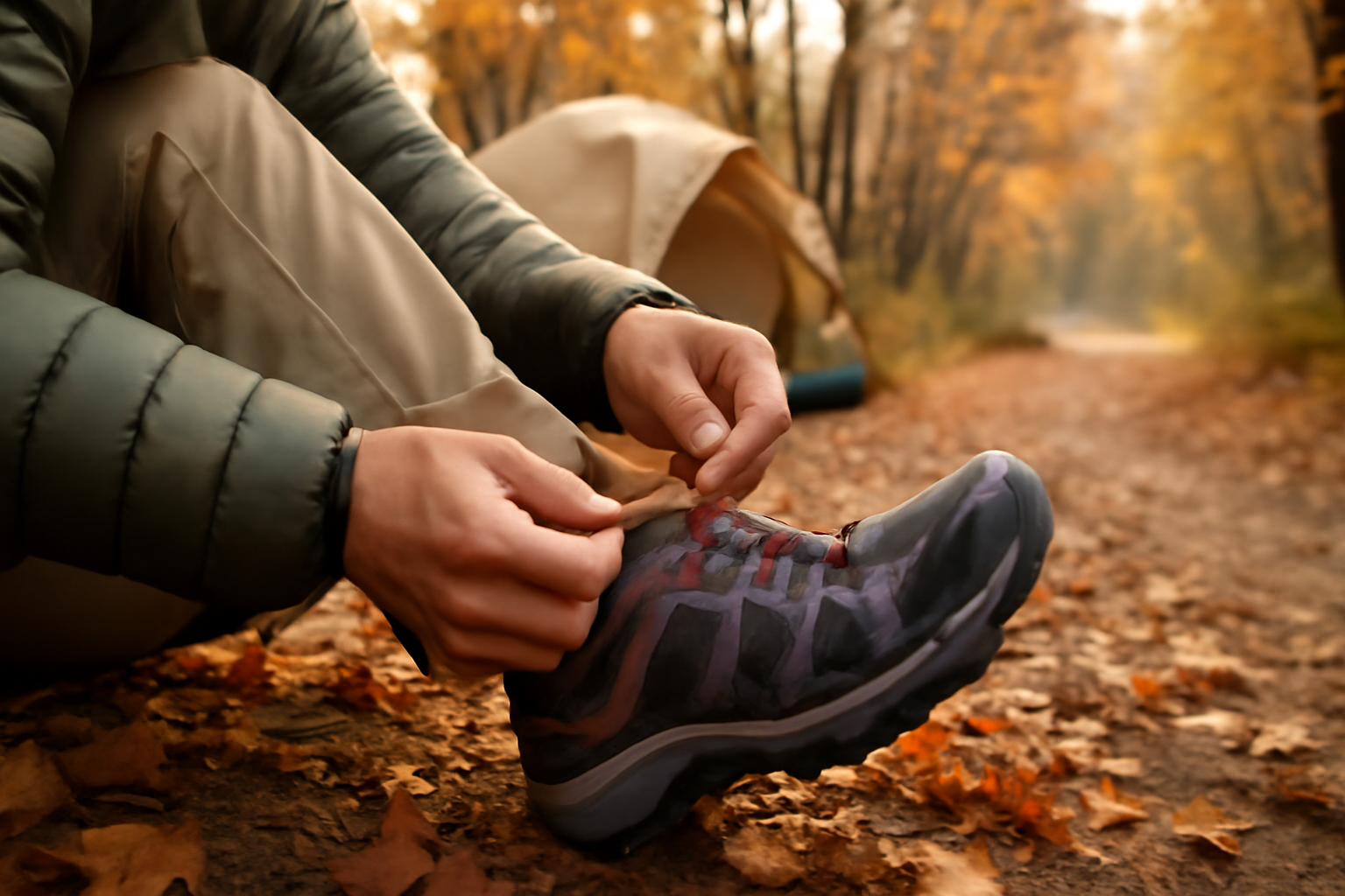 ノルディスクトレランの試着イメージ、秋のトレイル入口でフィット感を確認するクローズアップ写真