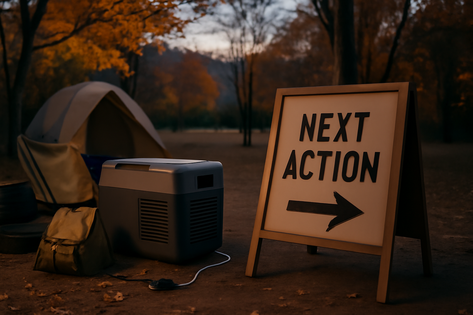 電動クーラー導入後の次のアクションを促すイメージ。秋のキャンプ場で道具整理と電源チェックをするシーン。