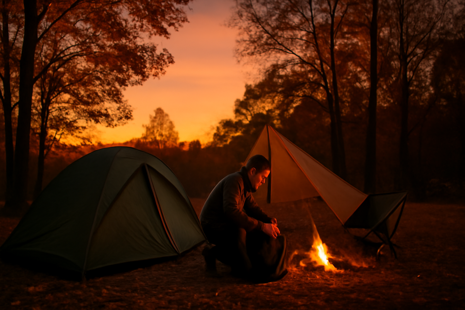ソロキャンプ:夕暮れのキャンプ場で準備をする様子を写した横長写真、やさしい夕焼けと安心感を表現