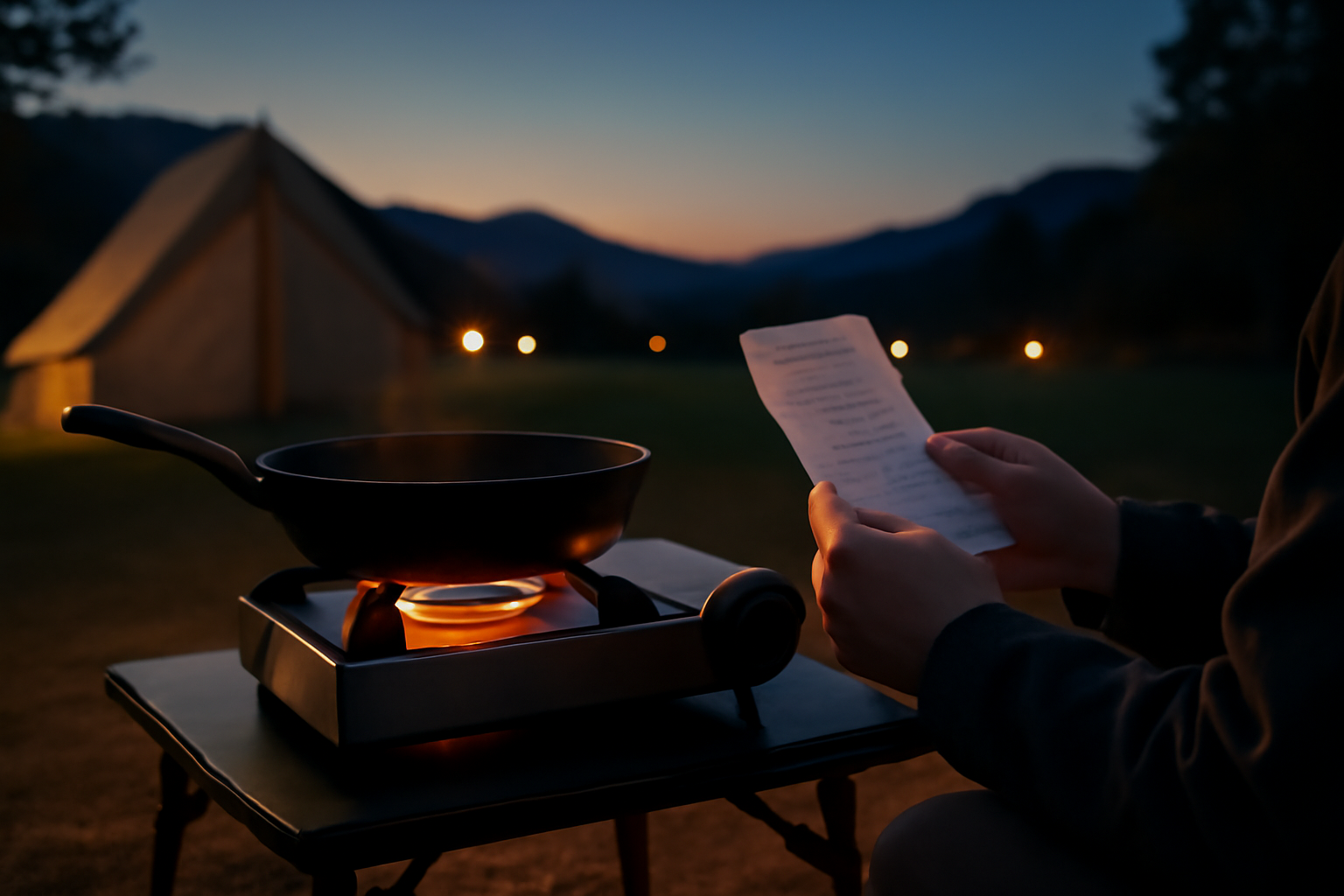 カセットこんろ 夜のキャンプで割引情報を確認しながら安全に調理するためのイメージ写真。夕方・キャンプ場・穏やかな天候を想定