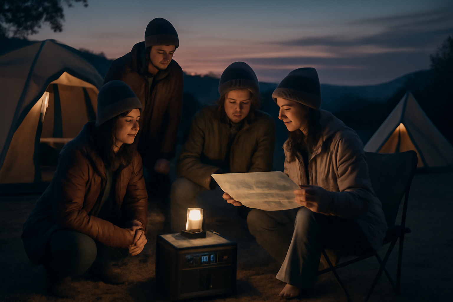 ポータブル電源で夜の準備を確認する様子。安全と次の行動を促す優しい表情を夕暮れのキャンプ場で写すイメージ。