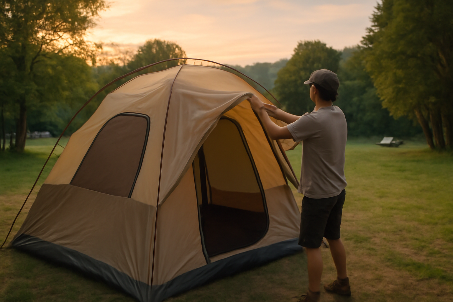 鹿番長テントを試す様子の写真：現地で借りて設営を試す場面を夕暮れの柔らかい光で捉えた一枚