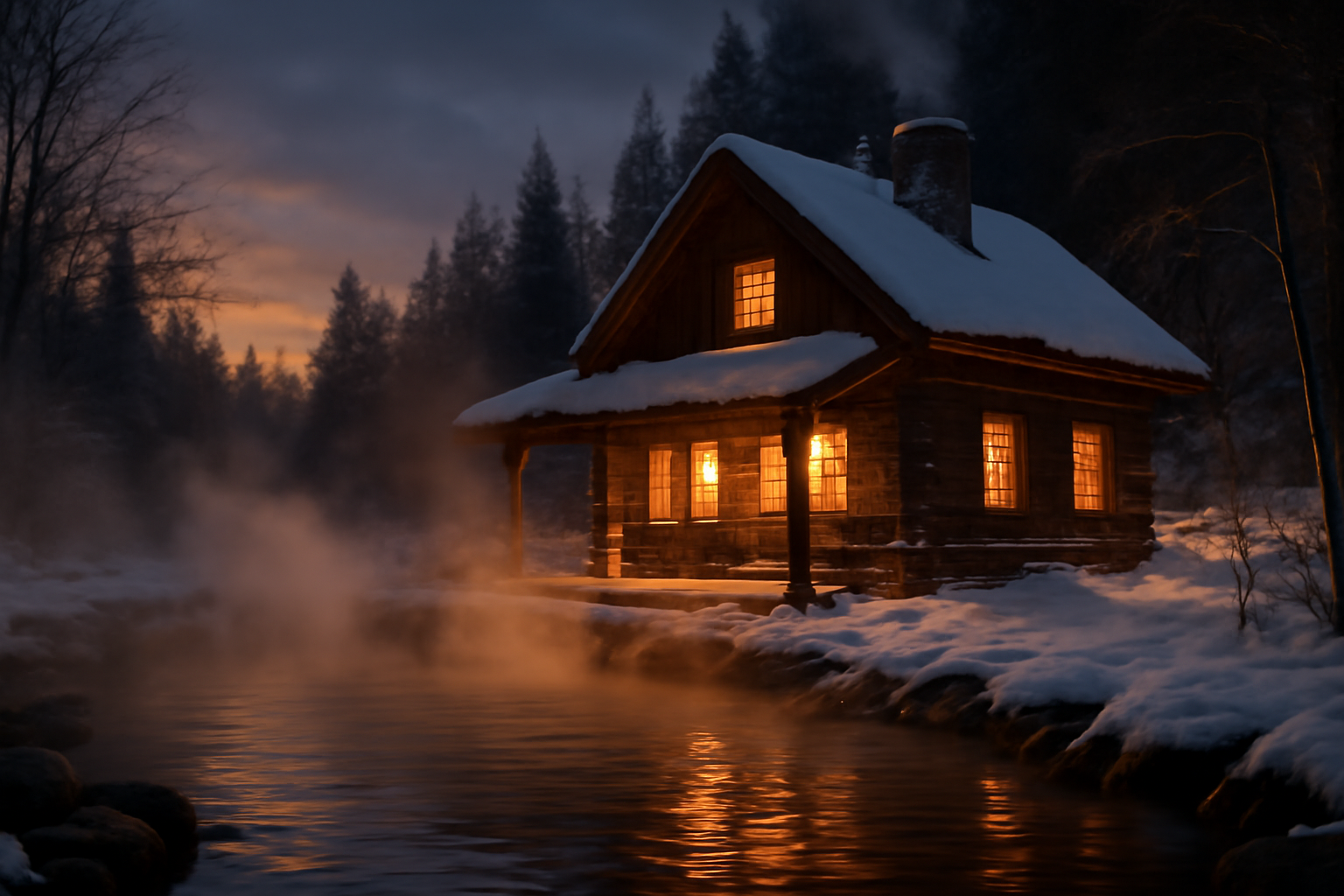 鹿沼ライダーズの今後の参加を促すイメージ。鹿沼ライダーズを想起させる冬のコテージと湯気、明かりがともる夜の風景を表現した実写風イメージ。