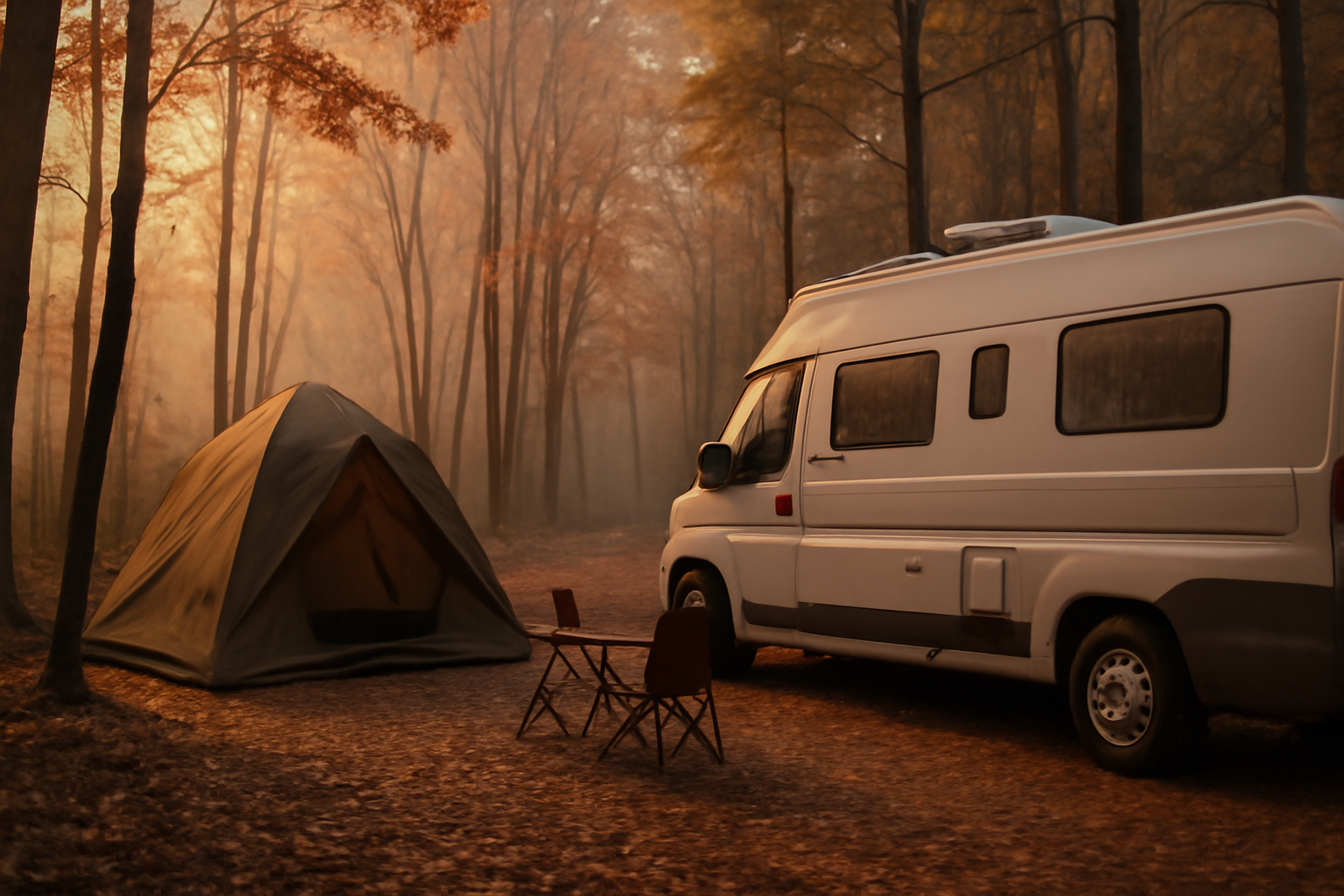 小淵沢RV体験記：静かな朝、森の中での次の行動を促す優しい案内を視覚化した横長イメージ