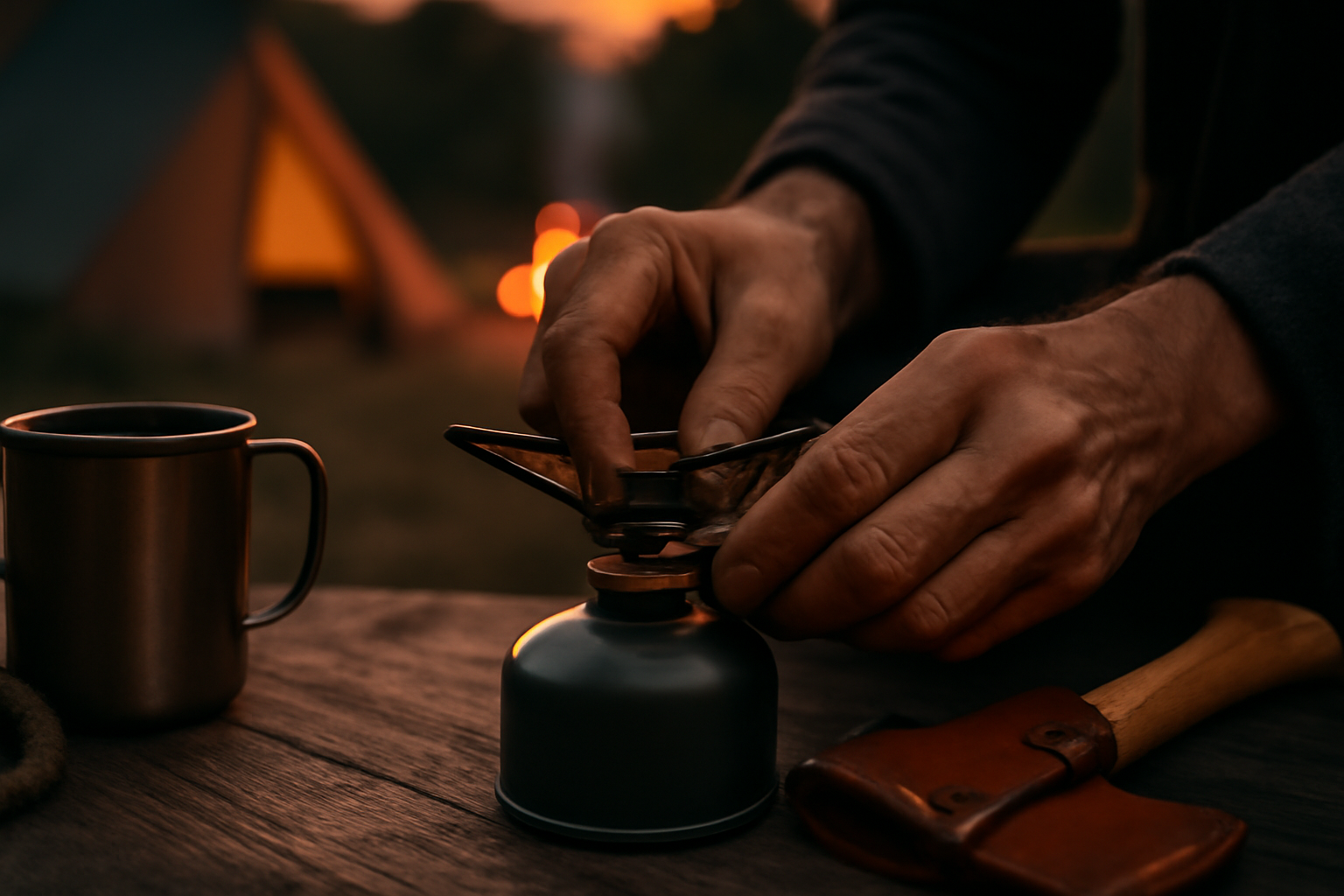 コダワリビト0 が示す次の一歩を表す夕暮れのキャンプ場で手に触れる道具のクローズアップ、温かい色調