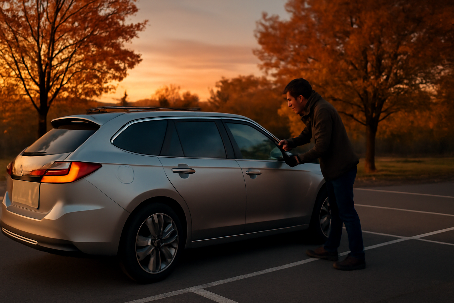 ワゴンNXを駐車場で確認する人物の夕方の様子、実物チェックを促す情景を広角で捉えた写真