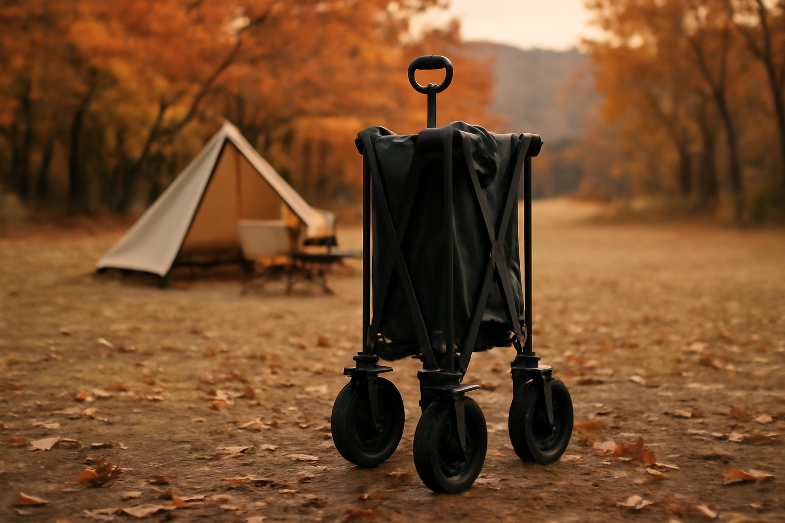 ワゴンNXが折りたたまれて設置前の様子を夕暮れの秋キャンプ場で広角に捉えた写真