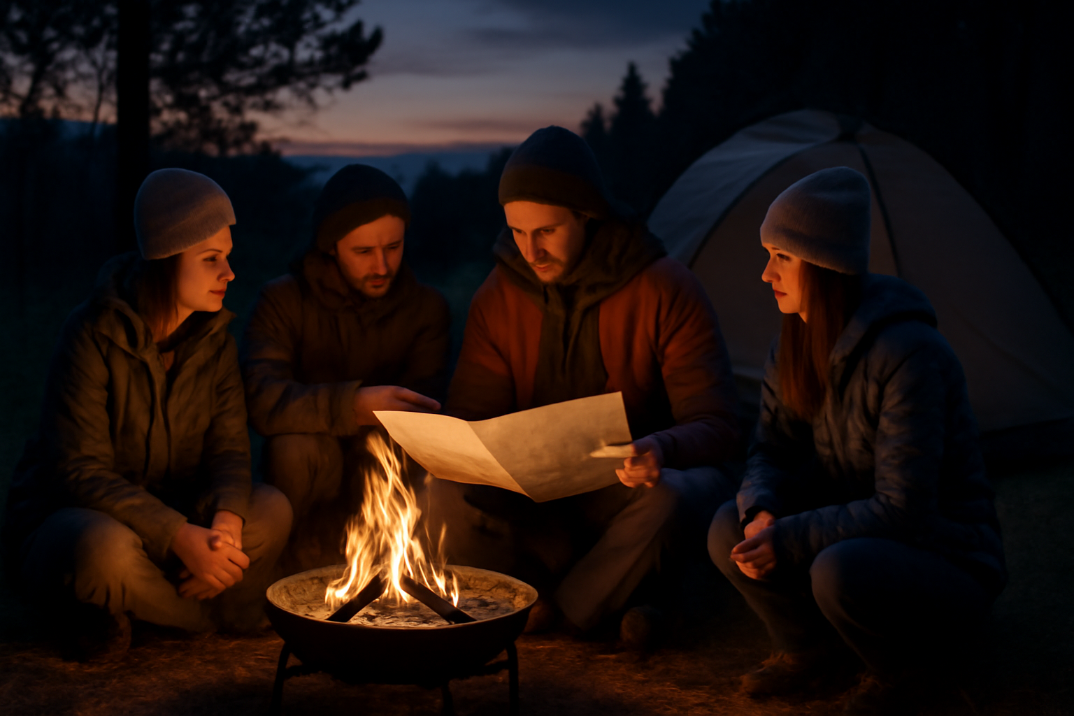 焚き火台：急な天候変化や遅延があっても余裕を持って行動するための準備風景。