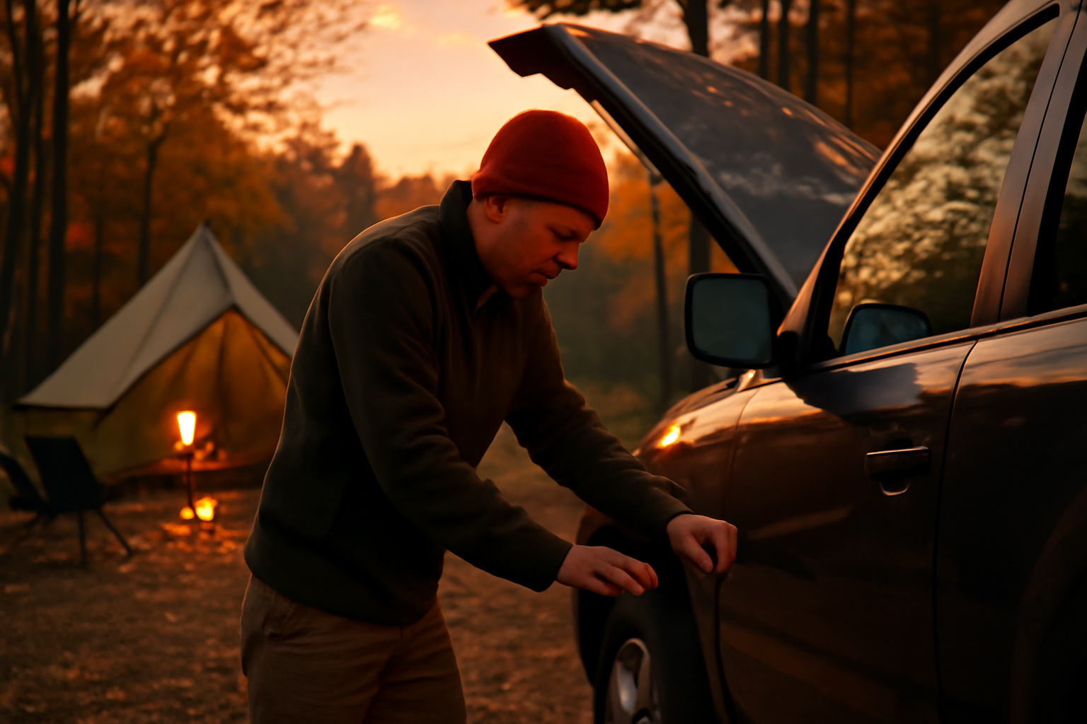アクセル故障遭遇談:キャンプ場の夕暮れ、点検をするキャンパーの手元と車の側面を柔らかな夕光で捉えた写真。次の行動を促す情景表現。