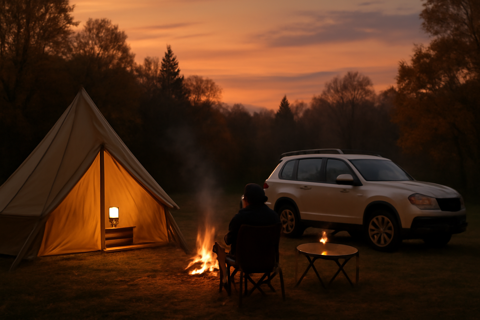 モーターキャンプ：荒天や混雑を想定して次の行動を促すエディターノートの場面を夕暮れのキャンプ場で描いた写真風イメージ