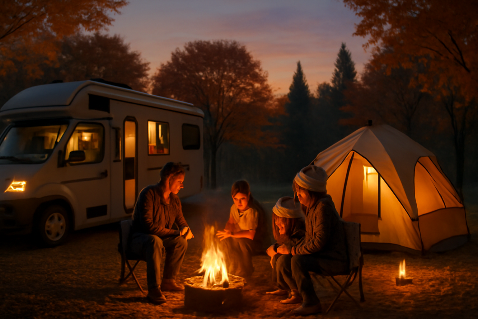 モーターキャンプ:家族や友人が万博公園のキャンプエリアで夕暮れの焚き火を囲む様子を描いた横長の写真。温かい灯りと秋の空気感が伝わる構図。