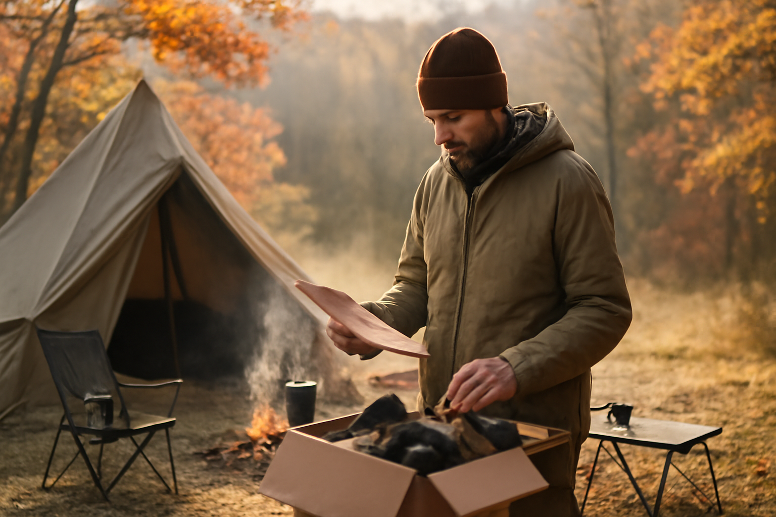 グリップスワニーを試着前にサイズと在庫を確認する場面を表す朝のキャンプサイト写真、秋の柔らかい光の中で