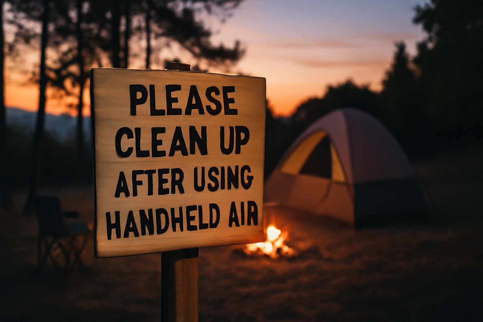 ハンディエアを使った後の片付けを促すメッセージのイメージ。夕暮れのキャンプサイトで次の行動を促す優しい雰囲気の写真です。