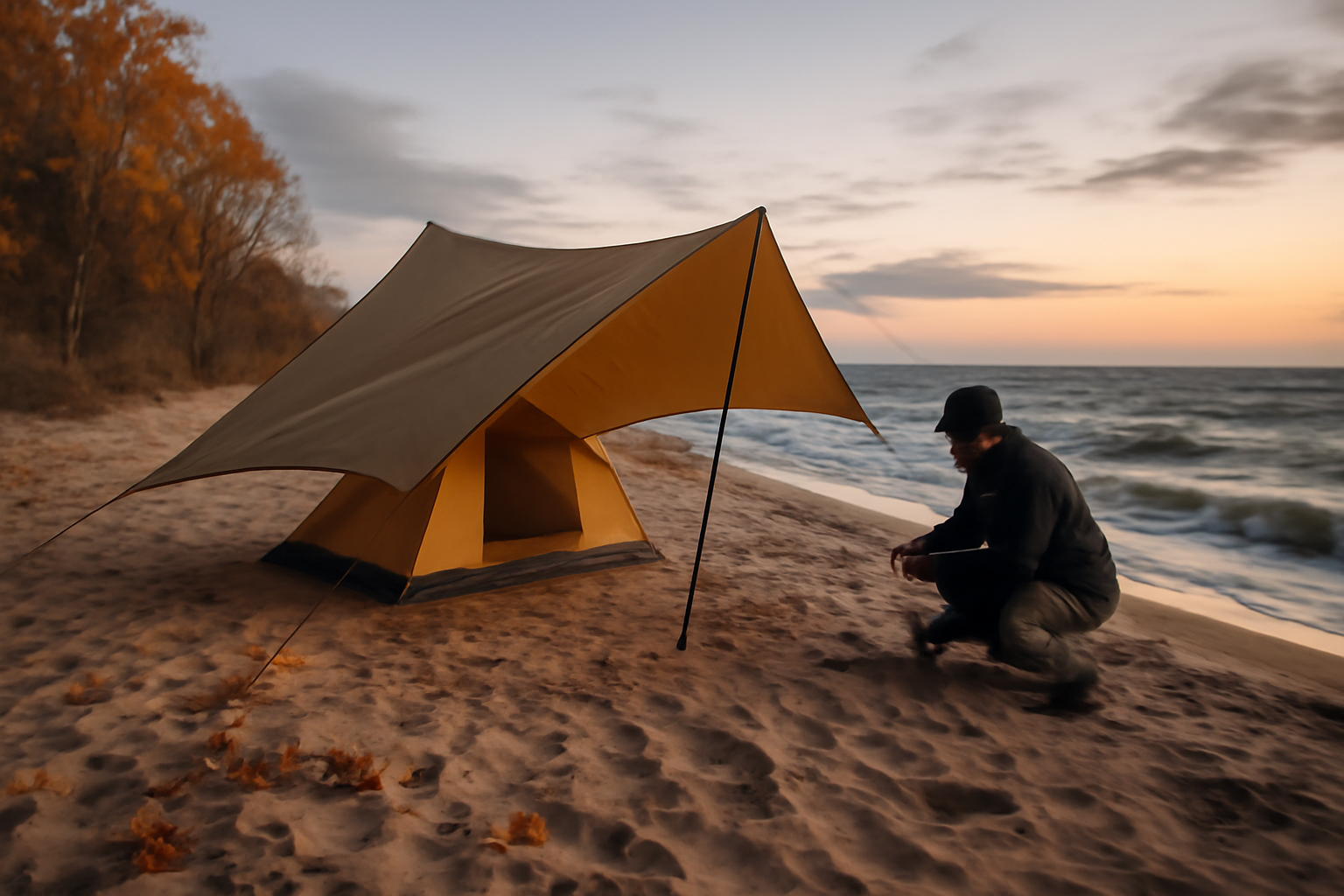 風に強いタープを練習する夕暮れの海辺。設営練習と補強の様子を広角で捉えた写真。