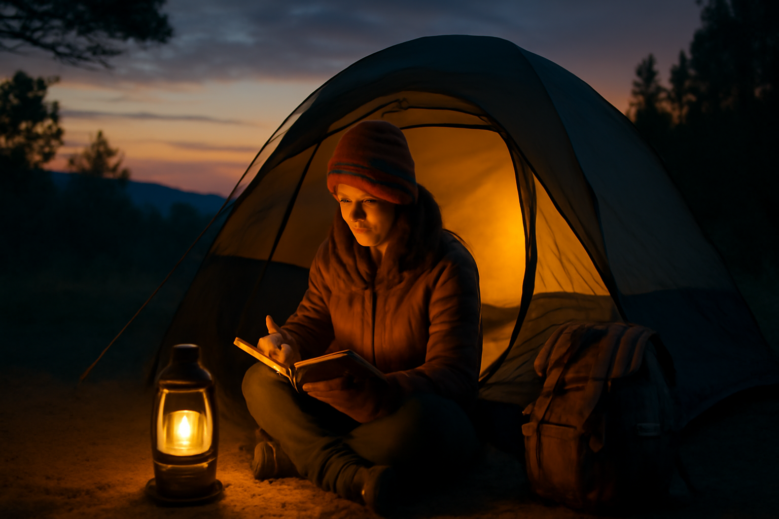 億劫ギア：夕暮れのキャンプ場で次の行動を前向きに決める女性の様子、穏やかな空気感