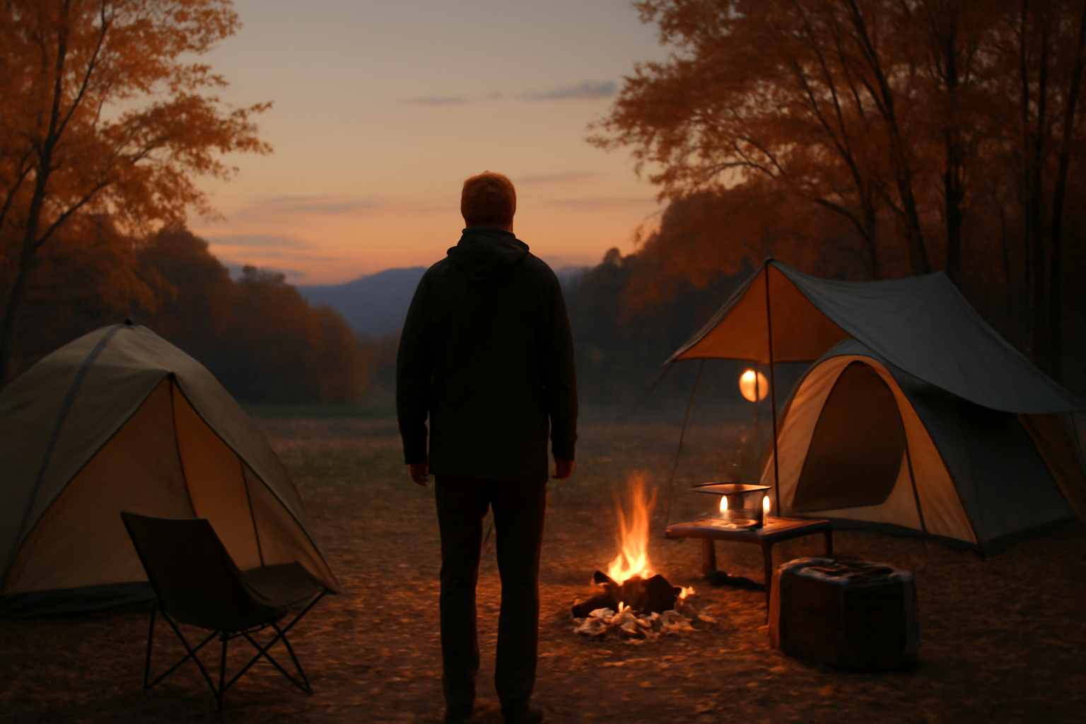 億劫にならないギアで出かけたくなる夕暮れのキャンプ場風景、次の行動に移す背中を描く写真