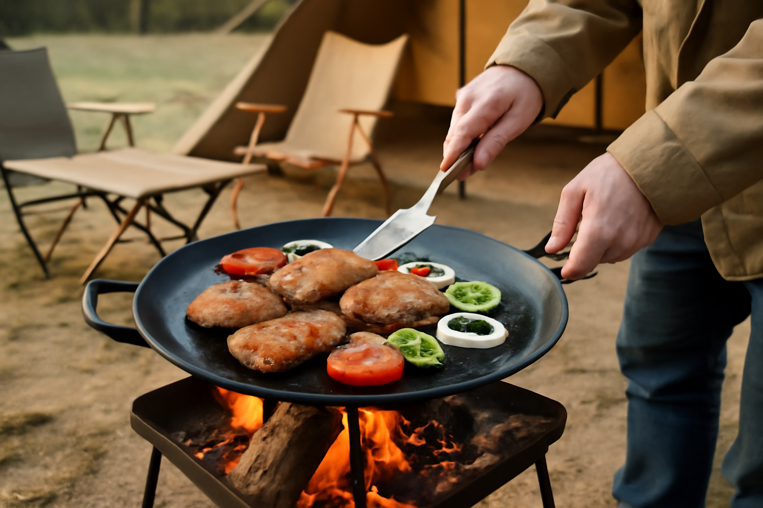 キャンプサイトでマルチグリドルを使って焼き物をするシーンのイメージ