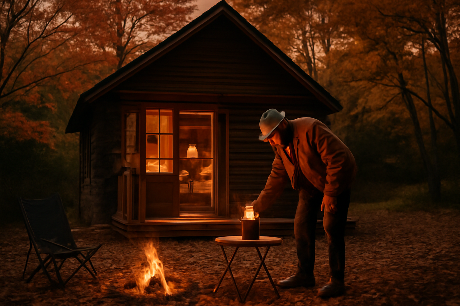 テラス湘南キャンプ帽:次の行動を促すイメージとして、秋の夕暮れにコテージの前で準備をする様子を広角で捉えた写真です。