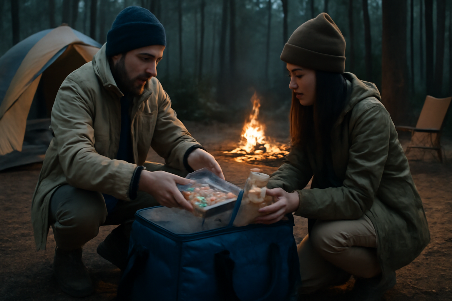 パール金属デリス袋M:夕暮れの森キャンプで次の行動を促す実用的な使い方を描いたイメージ写真