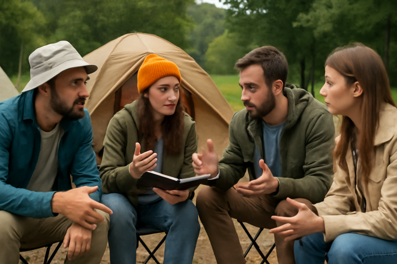 キャンプ場で対策を話し合うグループの写真イメージ