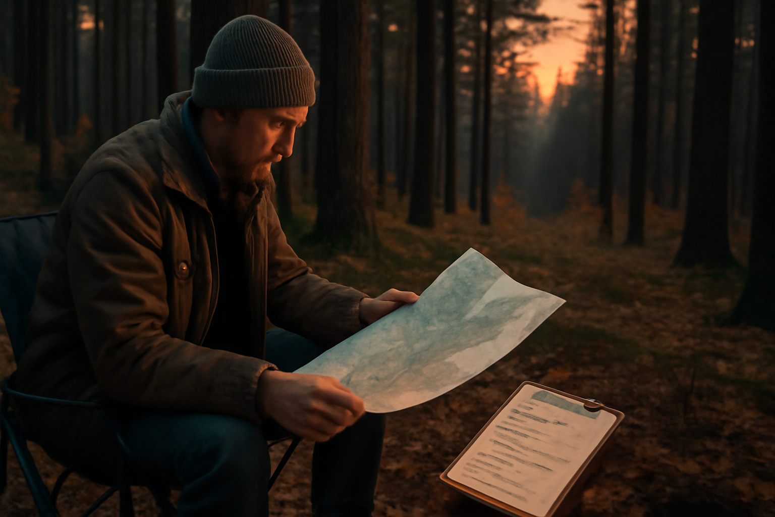 折りたたみ椅子を携え地図を広げる夕暮れの写真。秋の森で次の行動を考える穏やかな情景を写したイメージです。