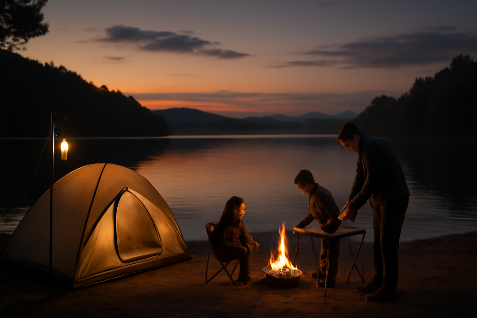 キャンプ場新陳代謝を意識して行動することを促す場面、夕暮れの湖畔で準備をする家族の写真