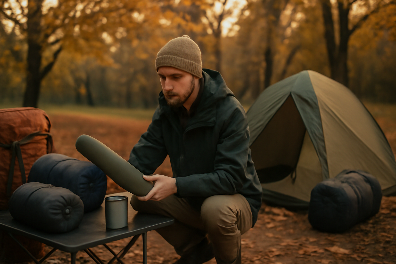 タイムセール：夕暮れの公園で落ち着いてキャンプギアを選ぶ買い物風景。安全に冷静に選ぶ様子を表現した画像説明