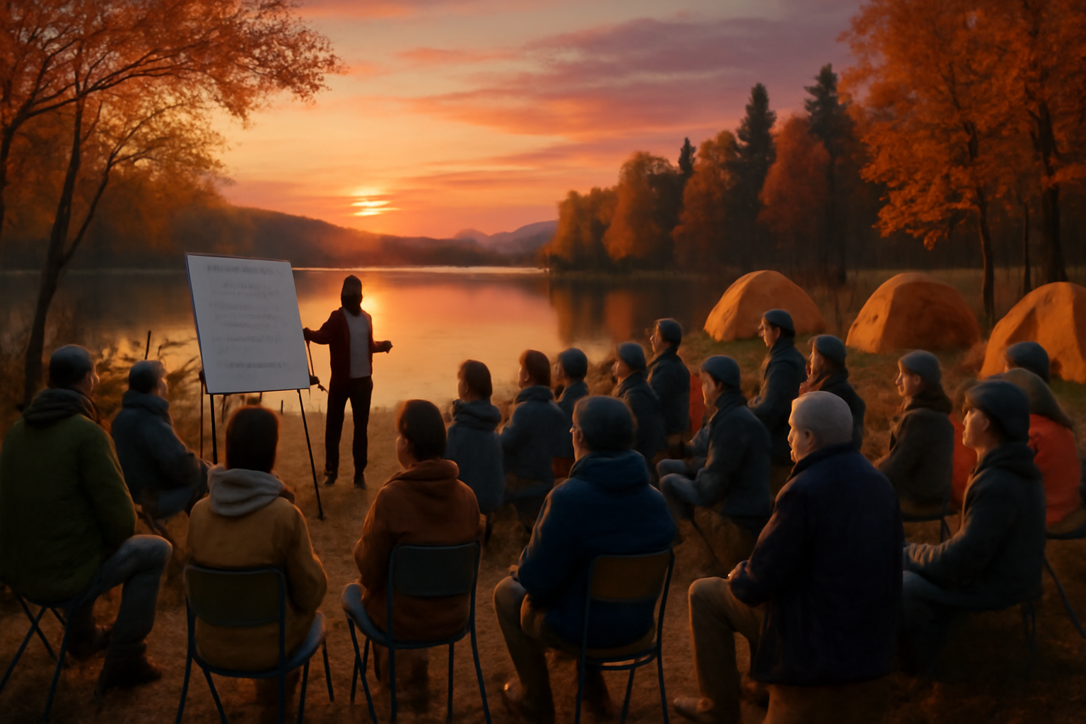 湖南七浜再生計画：秋の夕暮れ、湖畔で住民とキャンパーが集う説明会の風景を広角で捉えた写真