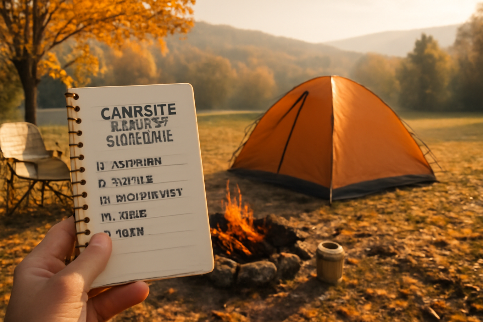 こども自然王国での予約準備をイメージした秋の朝、広角でチェックリストを広げる風景を描いた写真