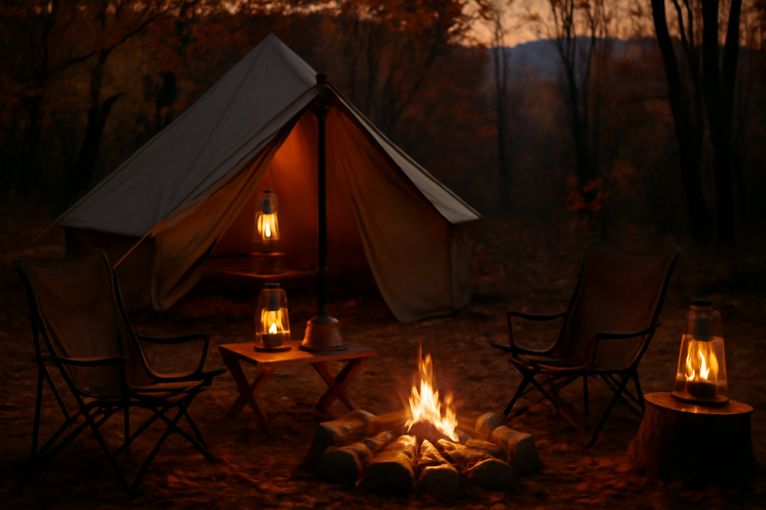 ベストナ:夕暮れのキャンプサイトで暖かい灯りに包まれた雰囲気を伝える静かな風景