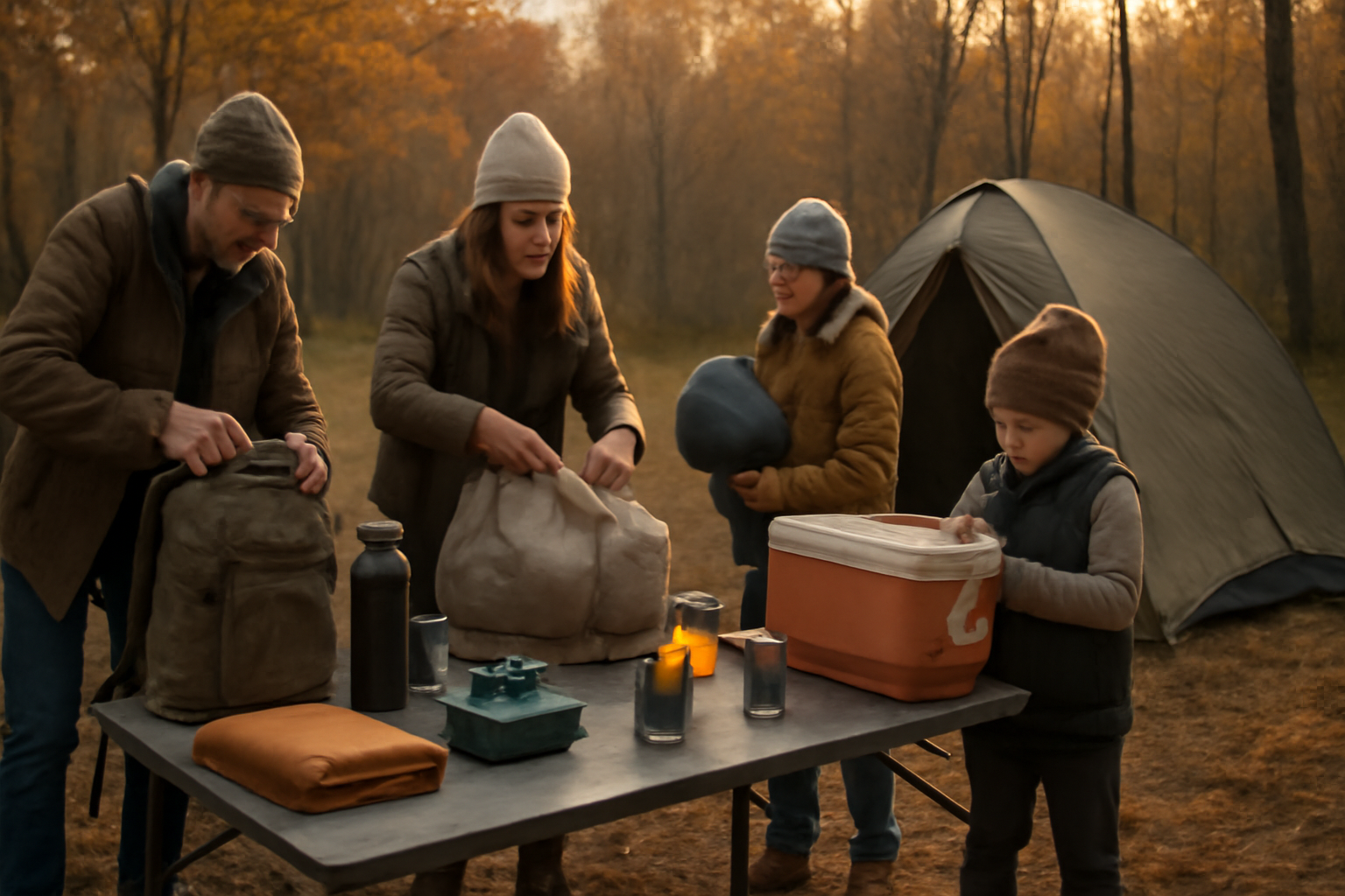 キャンプテーブル：秋の夕暮れ、家族が荷物を整理しながら使用する折りたたみテーブルの風景を示す写真。