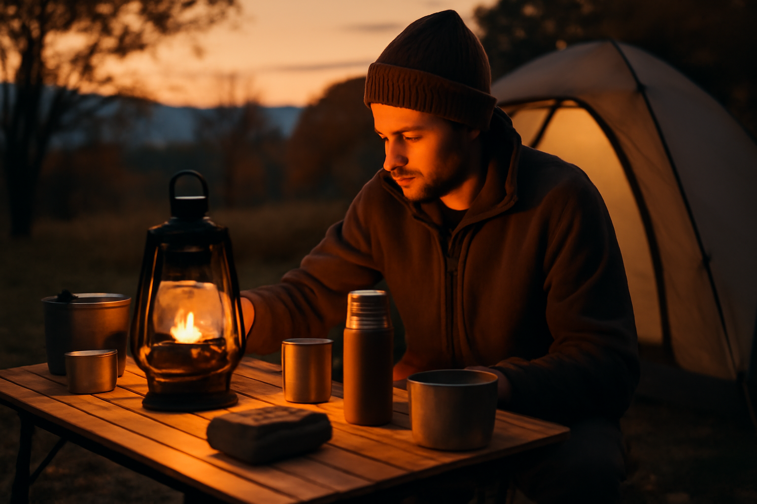 アウトドアテーブルで次の週末に買い替えを検討する様子、秋の夕暮れで温かい雰囲気を演出
